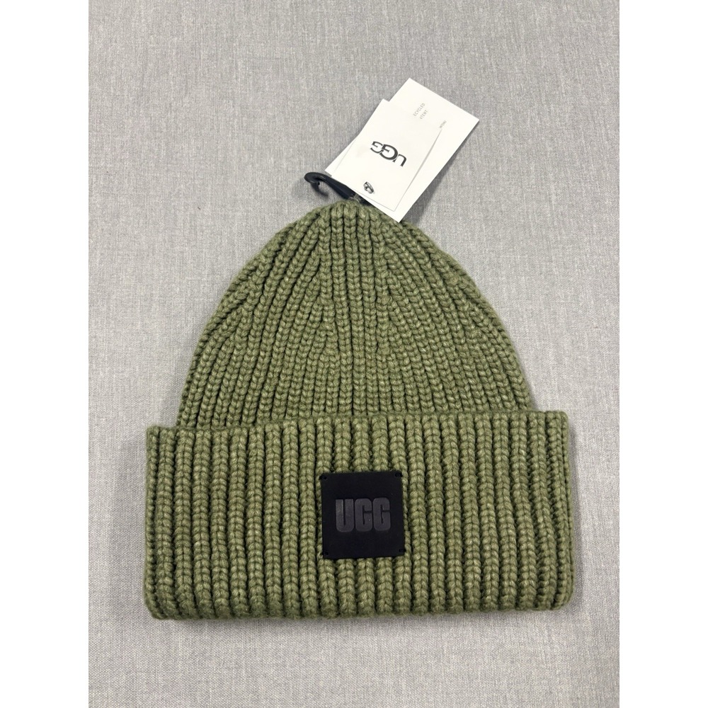 UGG Chunky Rib Beanie Cuffed Knit Mens One Size Burnt Olive Green Wool Blend NWT